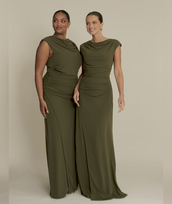 Cowl Wrap Neck Stretch Sculpt Bridesmaid Dress - Fern Green