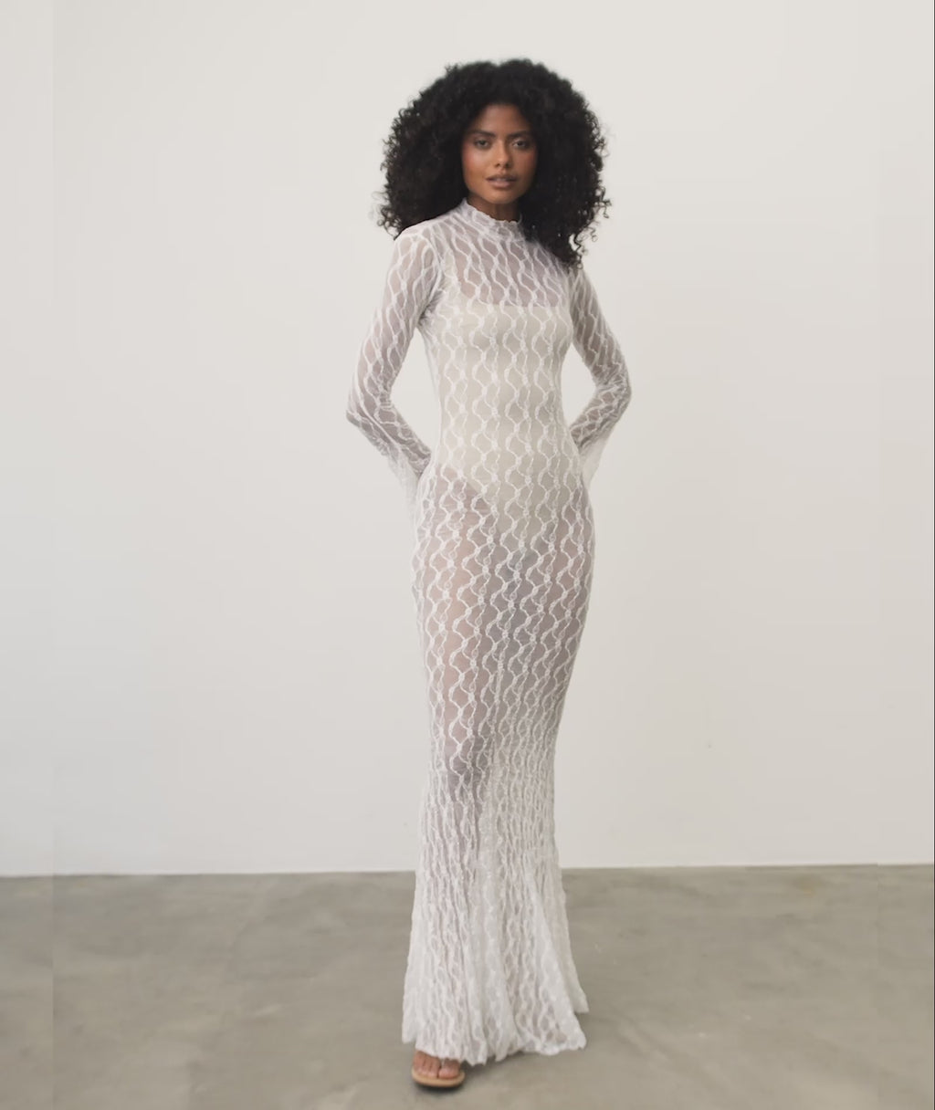 Six Stories sheer stretch Lace flare sleeve Maxi Dress in White