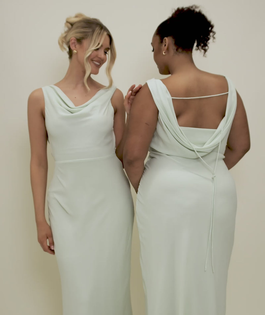 Plunge Cowl Chiffon Bridesmaid Dress with Neck Scarf - Mint Green