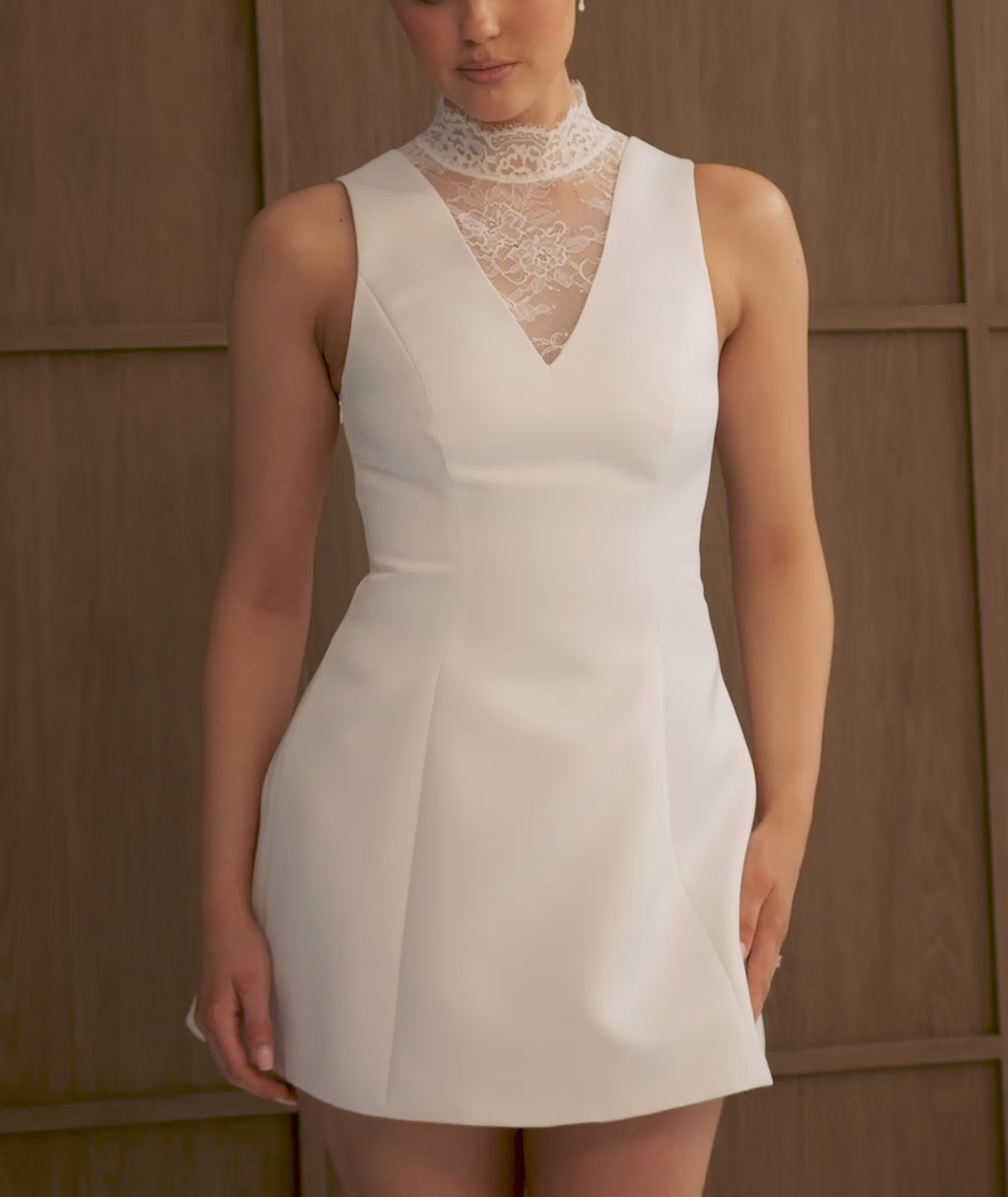 Lace High Neck A-line Mini Dress - White