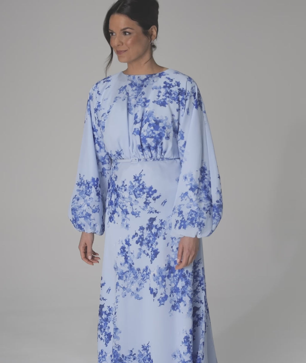 Floral Balloon Sleeve Maxi Dress - Pale Blue