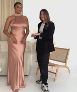 Halter Neck Satin Bridesmaid Dress - Burnt Peach