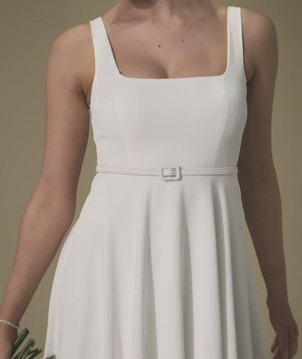 Square Neck Belted Midi Dress - White