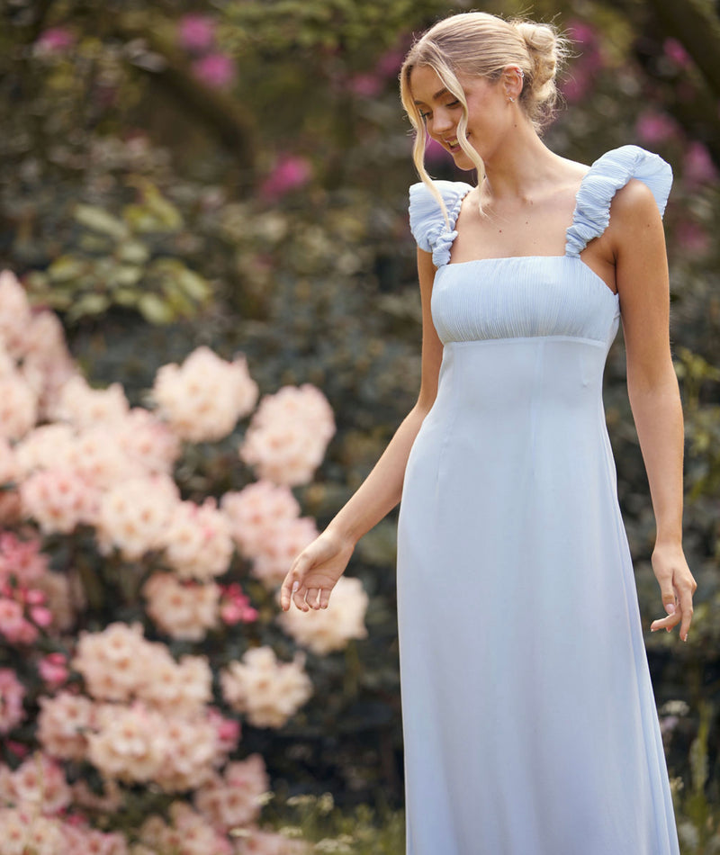 Pleated Statement Shoulder Chiffon Bridesmaid Dress - Cornflower Blue