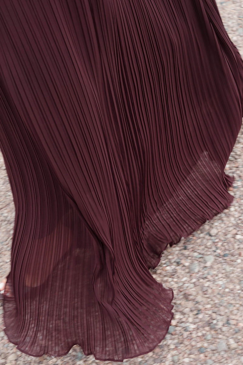 Pleated Plunge Maxi Dress - Wine