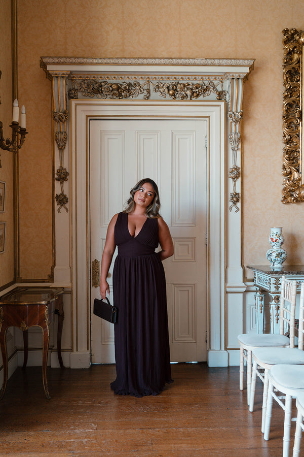Pleated Plunge Maxi Dress - Wine