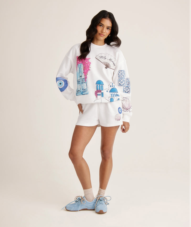 Greece sweatshirt styled with shorts â€“ bride lounge outfit