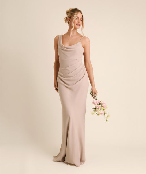 Cowl Asymmetrical Chiffon Bridesmaid Dress - Taupe