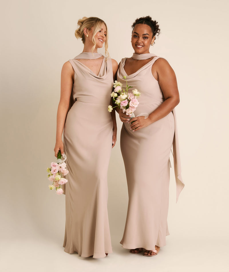 Plunge Cowl Chiffon Bridesmaid Dress with Neck Scarf