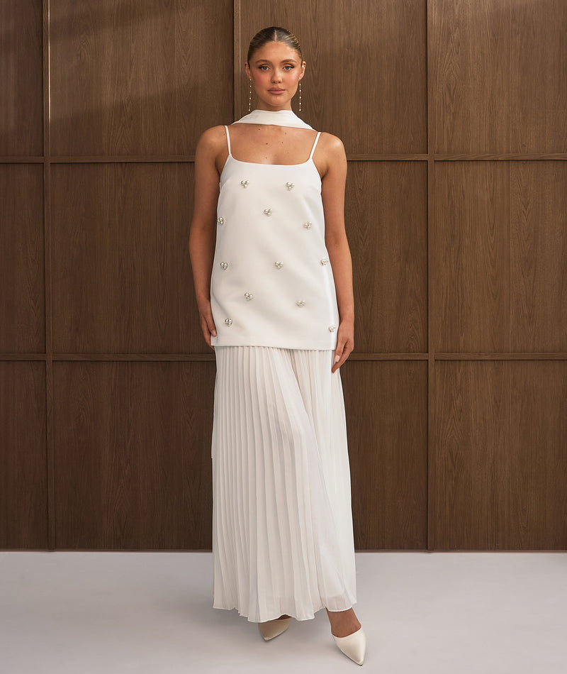 Embellished Pearl Strappy Maxi Dress with Neck Scarf - White