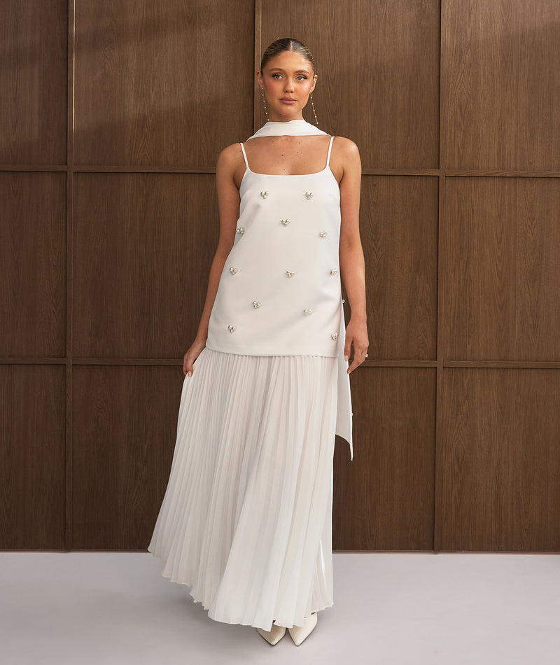 embellished handkerchief hem maxi dress in white Six Stories Women's Embellished Pearl Strappy Maxi Dress