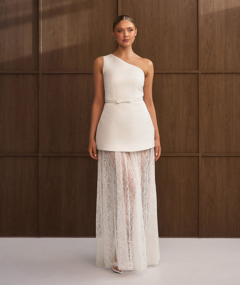 One Shoulder Satin Dress with Lace Skirt - White