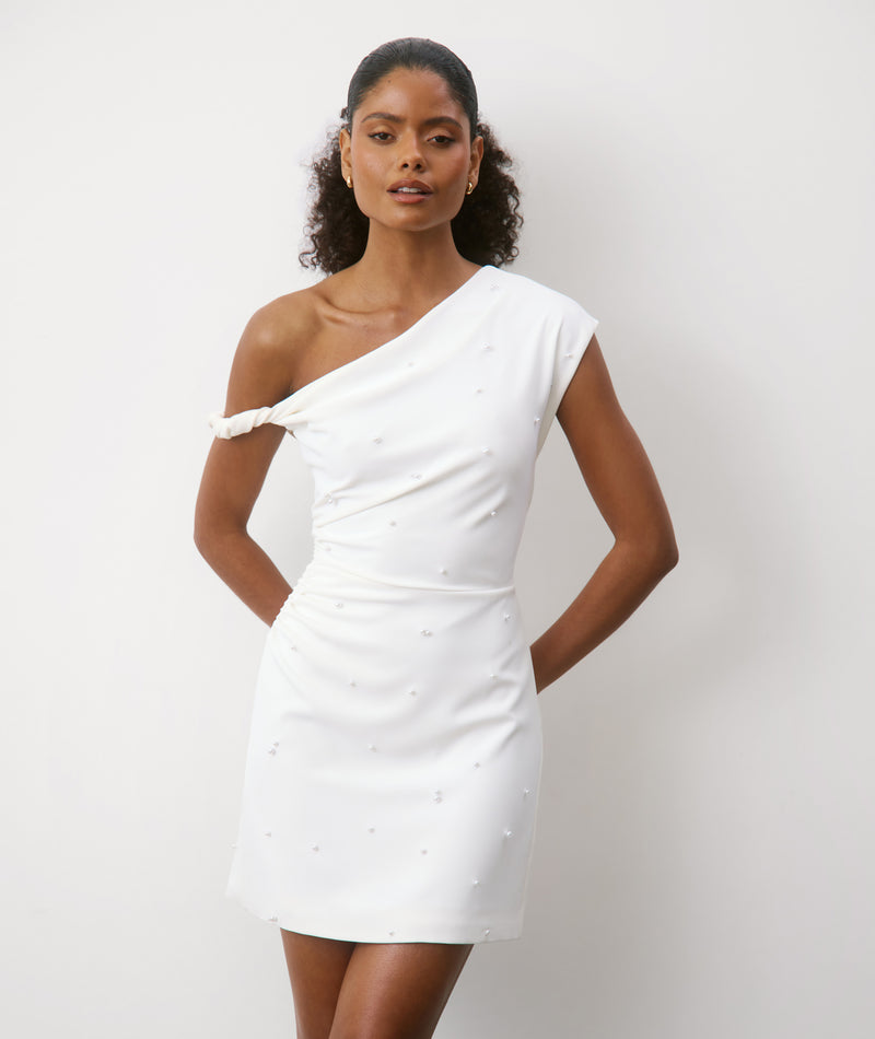 asymmetrical white mini dress Pearl Trim Asymmetric Bardot Name/Description:Abbie Deposit - Mini Beaded w Cape FA24 SLEEP Its round neckline Aesido Men's Business Casual