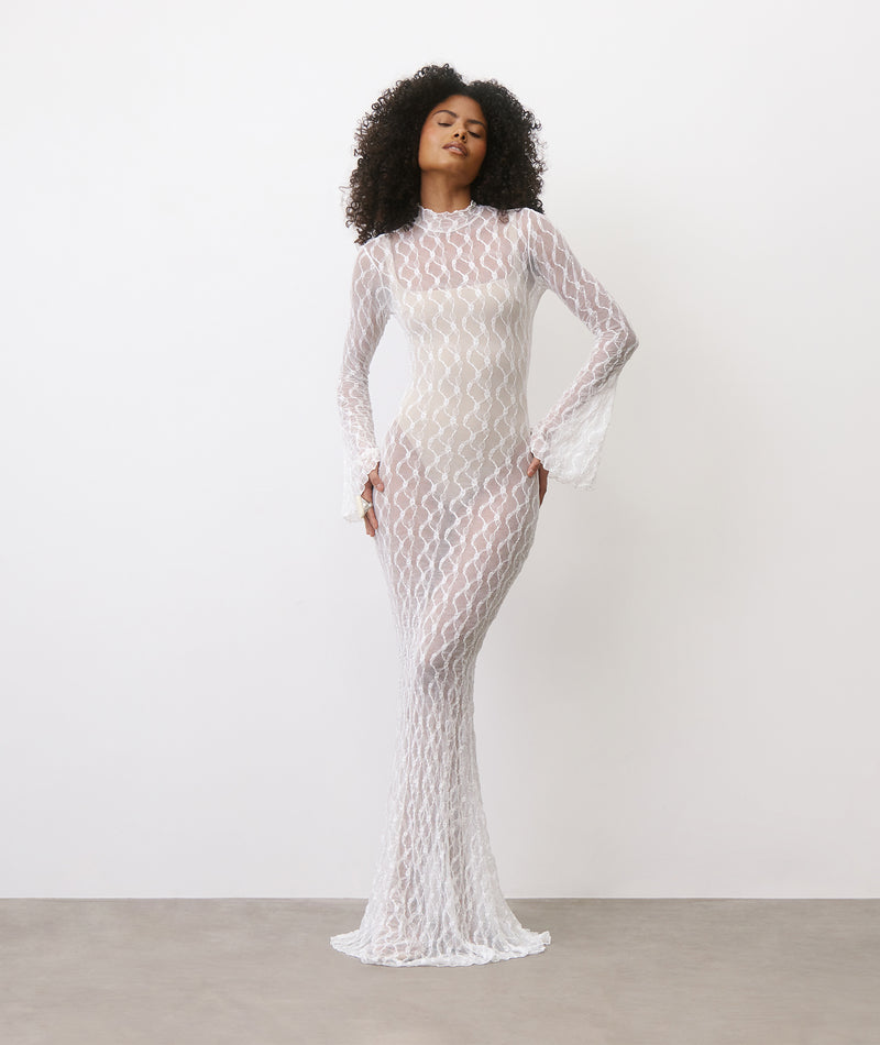 lace dress Six Stories sheer stretch Lace flare sleeve Maxi Dress in White