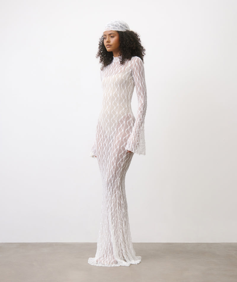 Six Stories sheer stretch Lace flare sleeve Maxi Dress in White