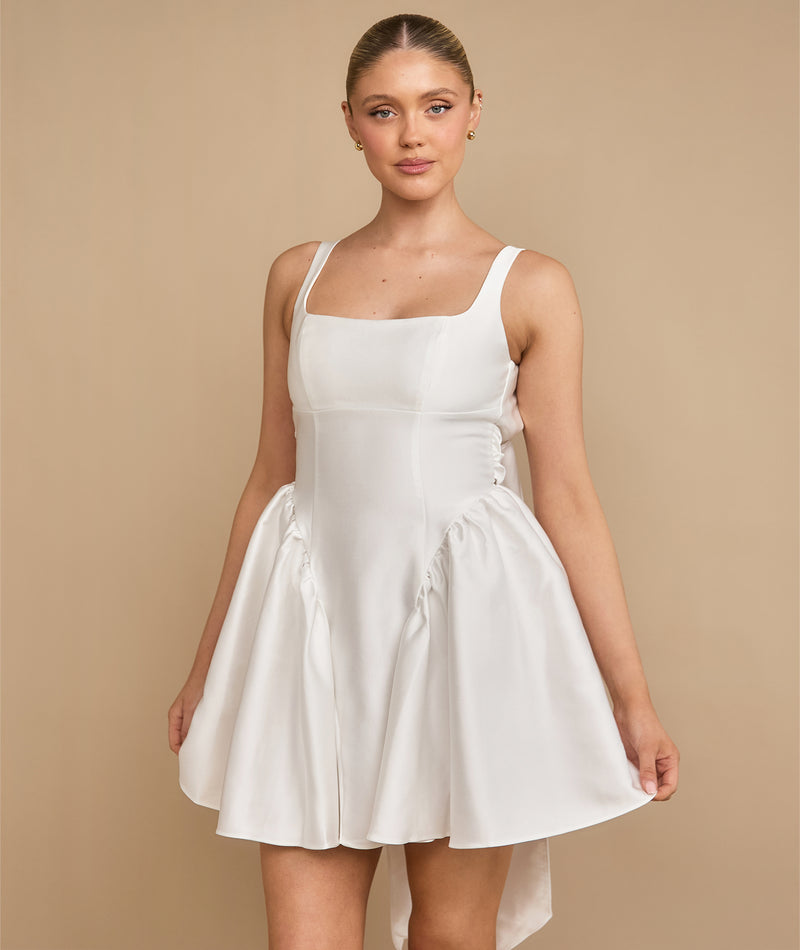 Satin Bow Back Pleated Skirt Mini Dress - White Six Stories Satin Bow Back Pleated Skirt Mini Dress - White Six Stories