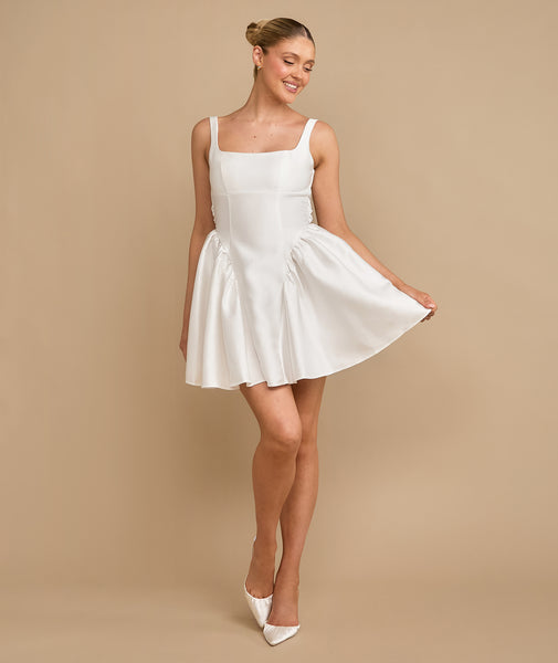 White Dress For Bridal Shower - White Bridal Dress - Satin Bow Back Pleated Skirt Mini Dress - White- Size US 6 White Dress For Bridal Shower - White Bridal Dress - Satin Bow Back Pleated Skirt Mini Dress - White- Size US 6