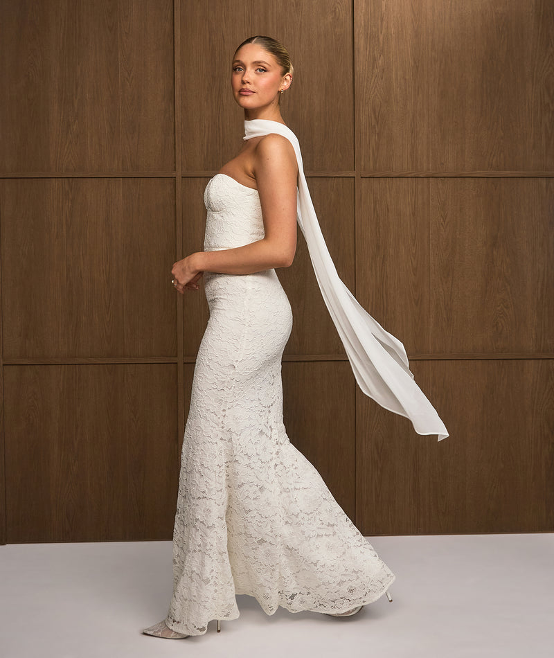 white long dress with neck scarf around and elegant ruching Bronwyn White Strapless Maxi Dress