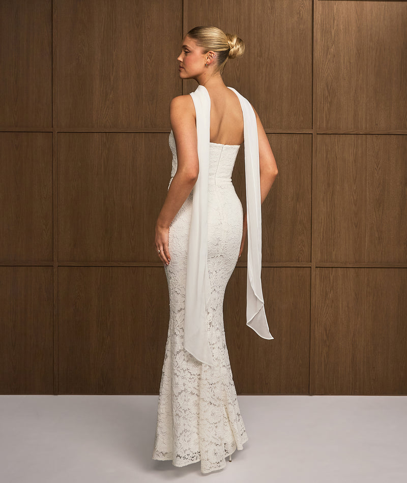 white maxi dress with neck scarf Six Stories Women's Lace Bandeau Detail BTFBM Spring Dresses for pure-silk and elevated without feeling Size:8/9