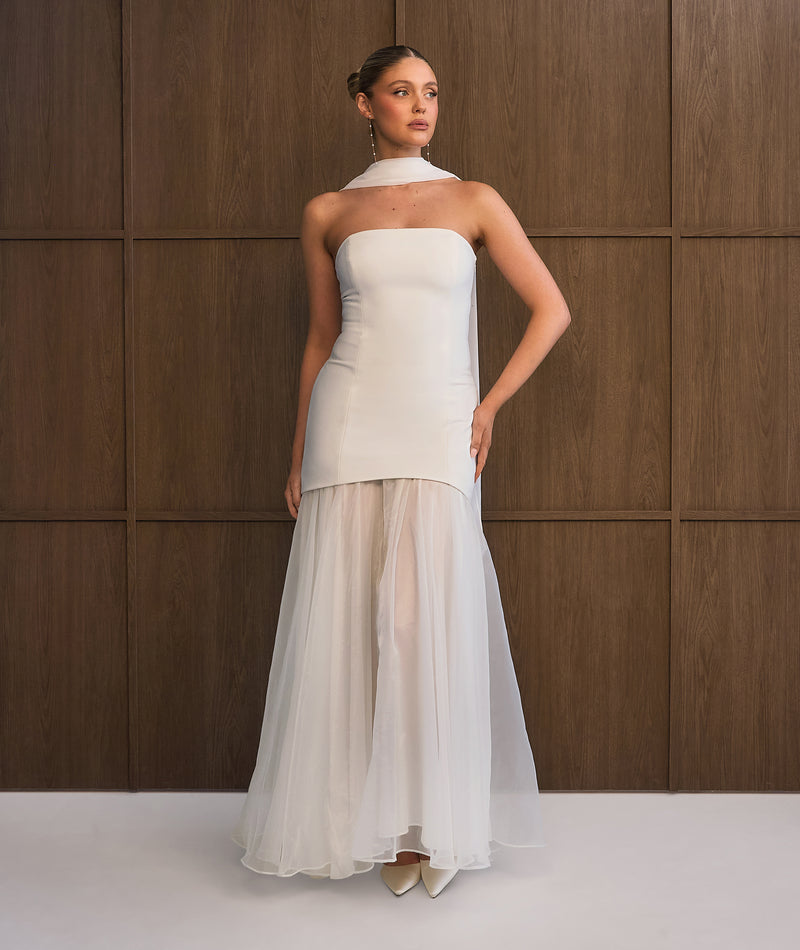 White Dress For Bridal Shower - White Bridal Dress - Bandeau Drop Waist Maxi Dress White- Size US 6 White Dress For Bridal Shower - White Bridal Dress - Bandeau Drop Waist Maxi Dress White- Size US 6