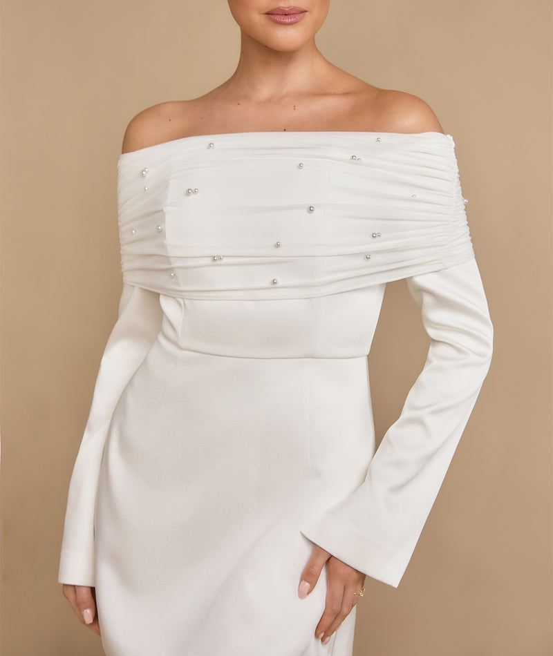 white bardot dress in The tailored woven fabric offers just enough structure to maintain the dresss distinctive shape whilst ensuring comfort throughout the day Antonia Lace Trim Mini Dress