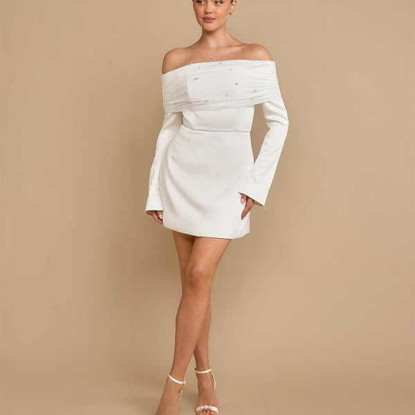 Petite Pearl Trim Bardot Mini Dress - White- Size US 6