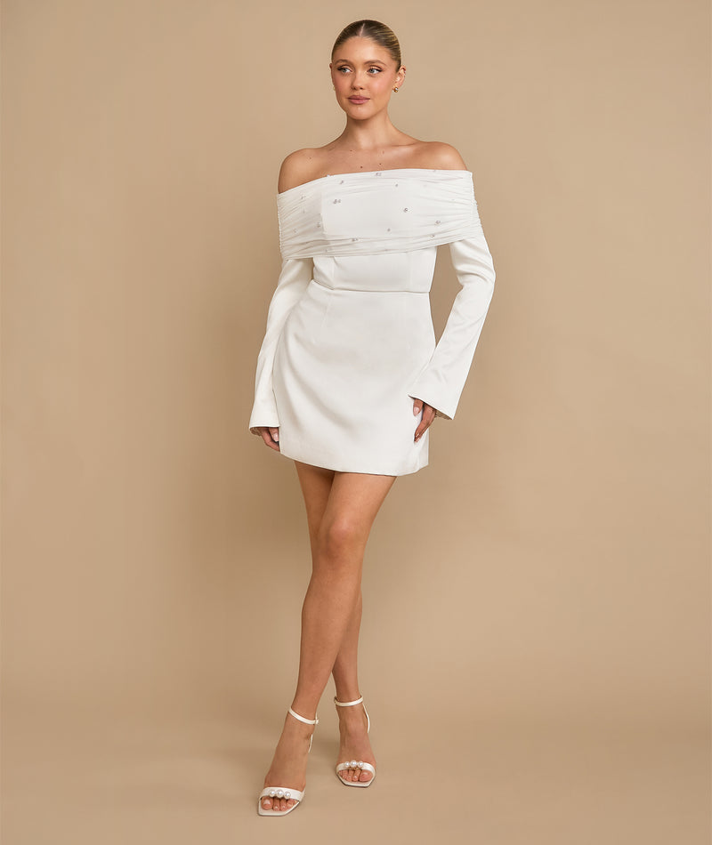 Petite Pearl Trim Bardot Mini Dress Petite Pearl Trim Bardot Mini Dress