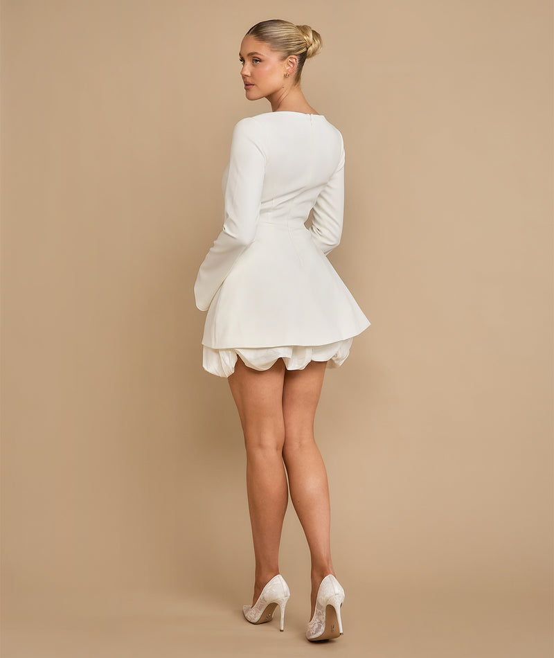 Split Sleeve Bubble Hem Mini Dress - White  Six Stories