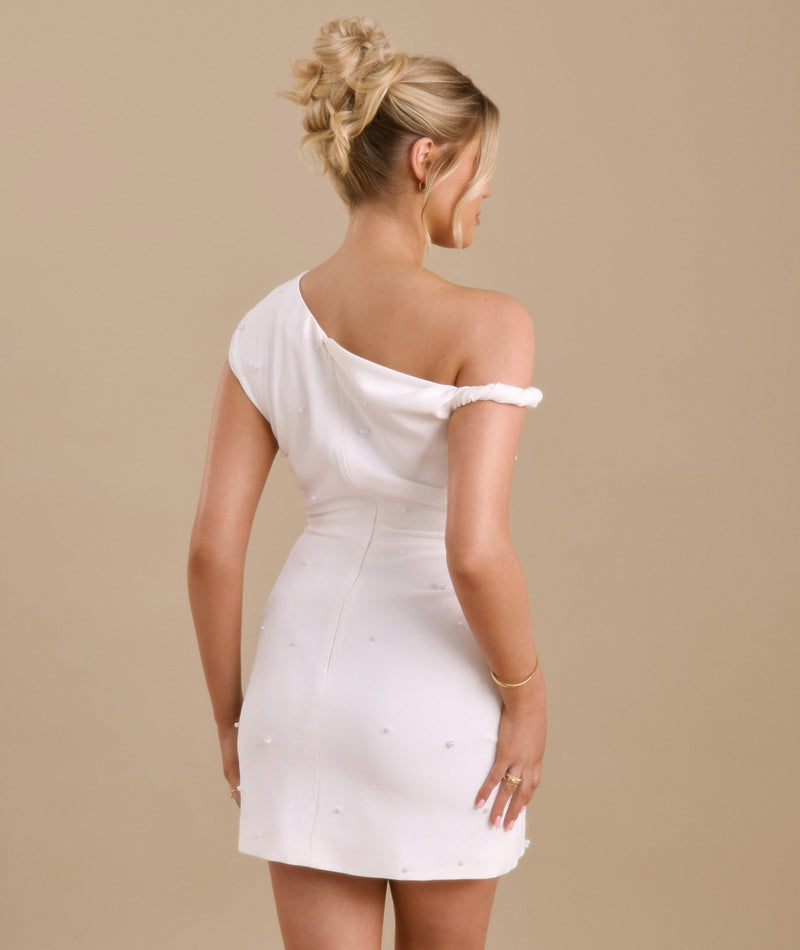 Pearl Trim Asymmetric Bardot Mini Dress - White  Six Stories