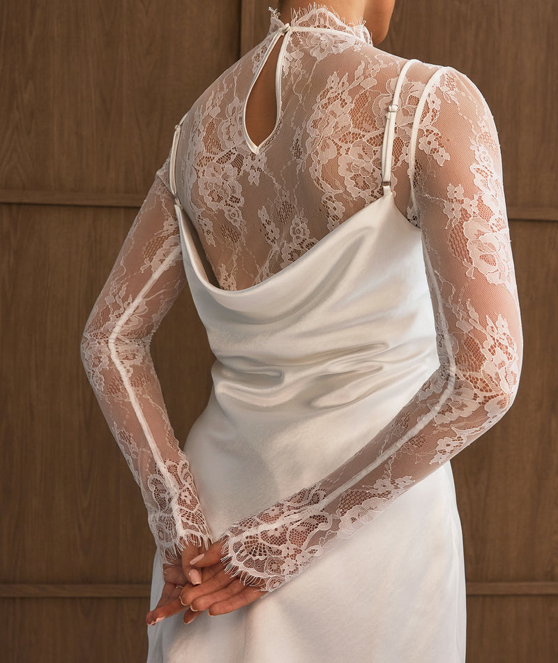 Lace Sleeve Cowl Satin Mini Dress - White | Civil Ceremony & Courthouse White Wedding Dresses Six Stories Lace Sleeve Cowl Satin Mini Dress - White | Civil Ceremony & Courthouse White Wedding Dresses Six Stories