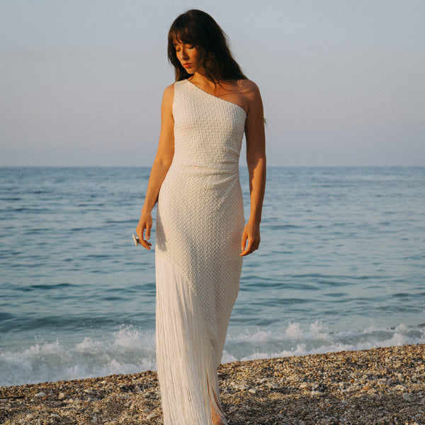 one shoulder white evening dress Solana One Shoulder Fringe Dress - White | Resortwear Collection