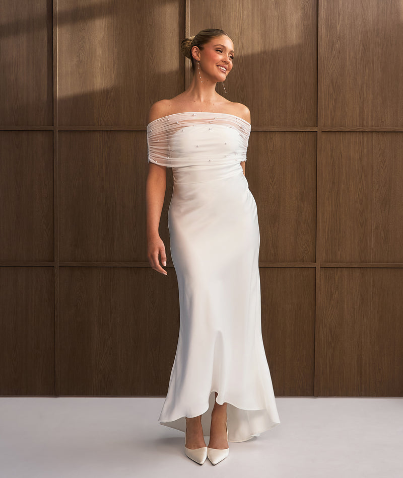 Six Stories Women's Bardot Detail Beaded Satin Midaxi Dress - White