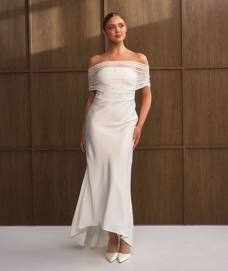 Six Stories Women's Bardot Detail Beaded Satin Midaxi Dress - White Six Stories Women's Bardot Detail Beaded Satin Midaxi Dress - White