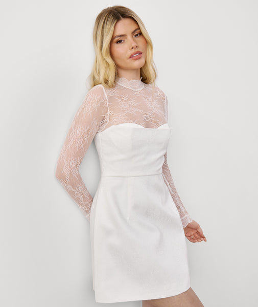 white dress with black lace sleeves Sleeve Cup Detail Mini mother of the bride black and white