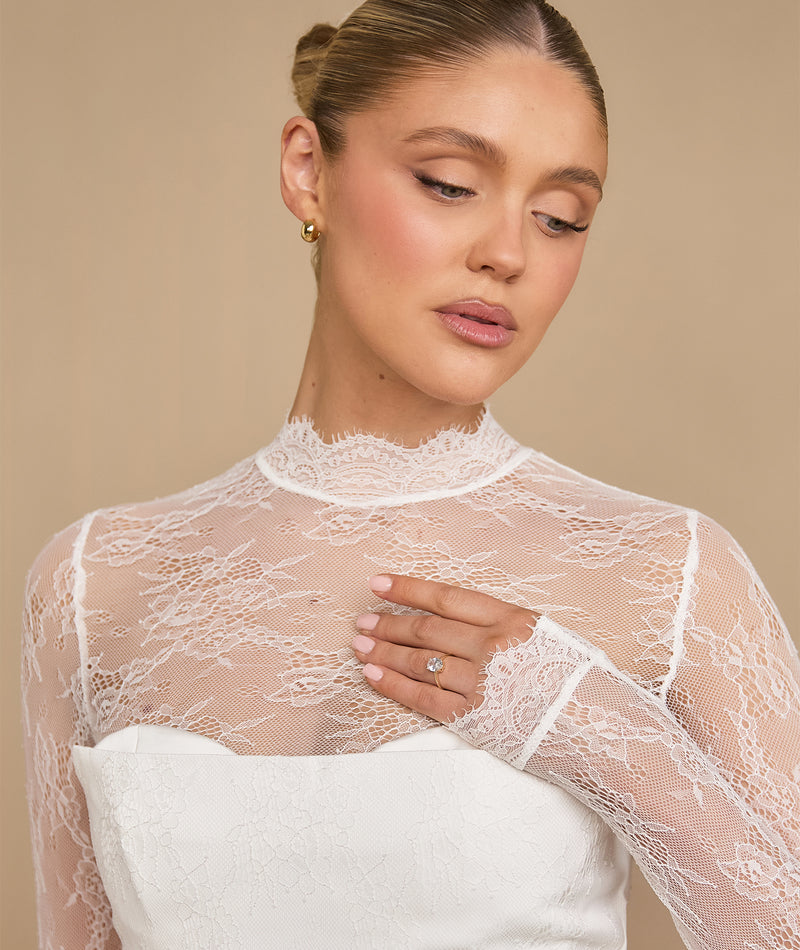 chinese dress ladies Hearts Aflutter Long Sleeve Open Back Lace Mini Dress White– Selfie Leslie main image 1