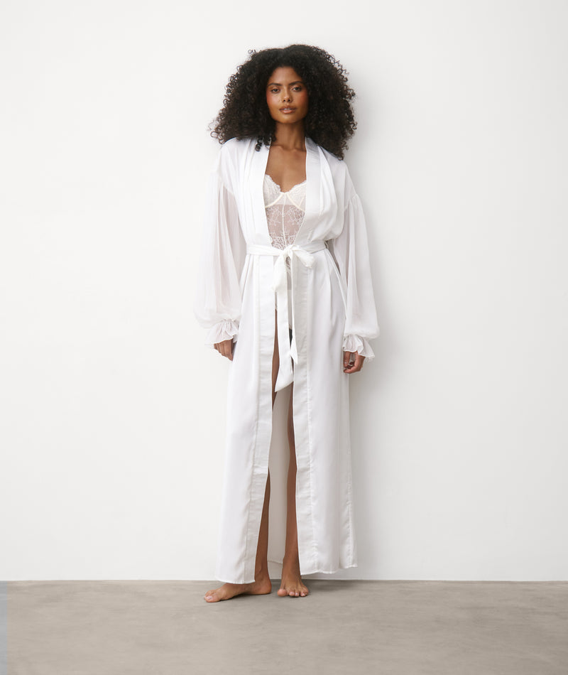 Chiffon Sleeve Maxi Satin Robe - White | Six Stories