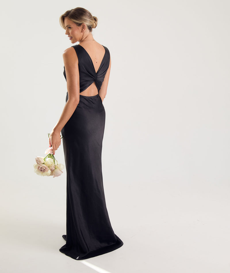 Black Satin Bridesmaid Dress - Black, Twist Back Style Six Stories Black Satin Bridesmaid Dress - Black, Twist Back Style Six Stories