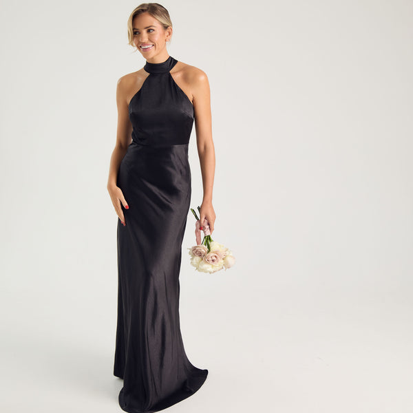 black halter top bridesmaid dresses Neck Satin Dress Dark Green High Neck Long Removable Gloves TEX Standard 100 certified Size:1 UK / 2 US / EU 33