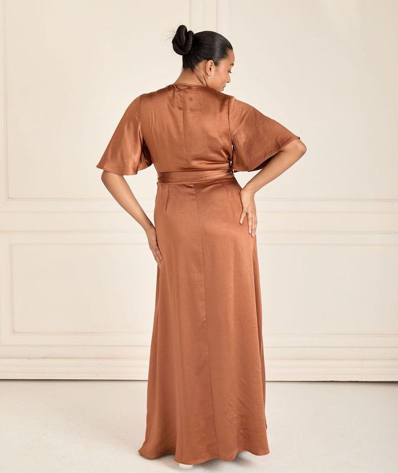 rust satin twist front open sleeve wrap dress Wrap Tie Satin Bridesmaid Dress