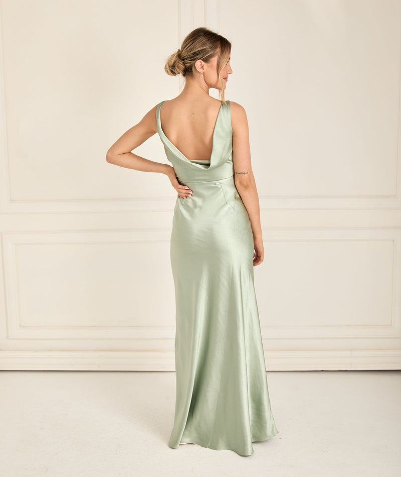 Cowl Back Satin Bridesmaid Dress Sage – Six Stories