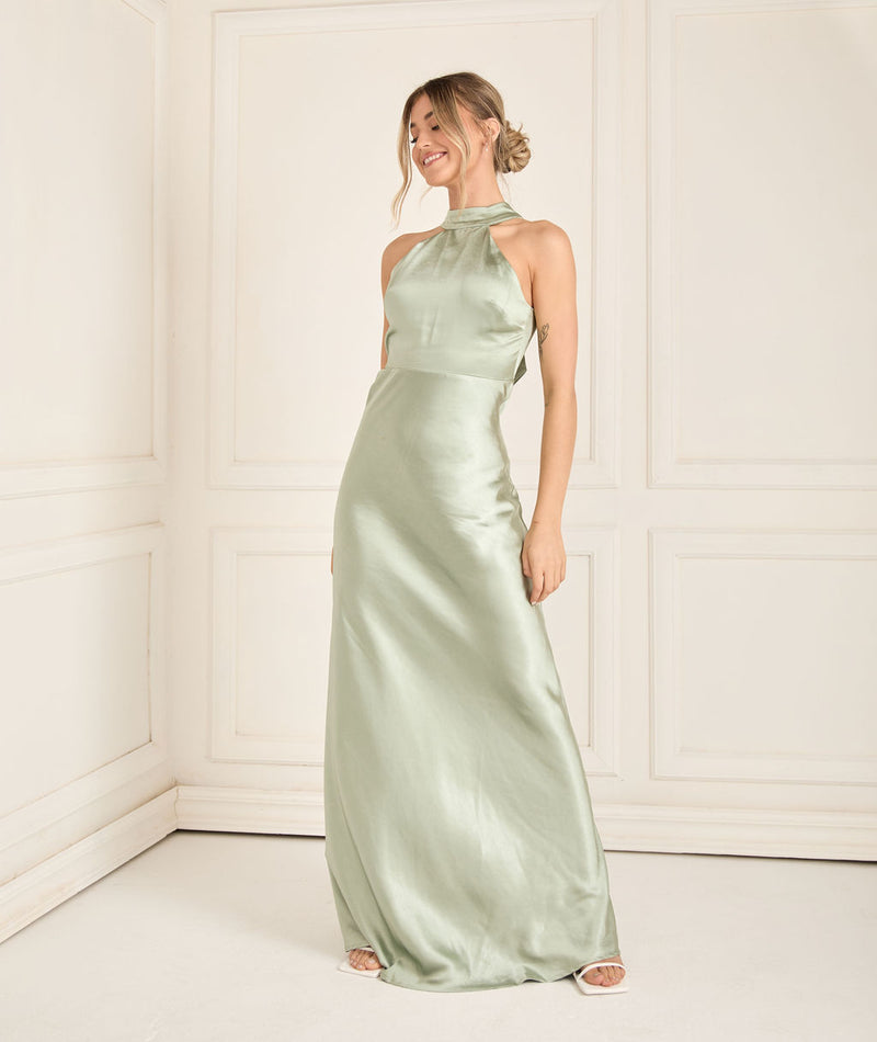 satin halter top dress Ladies - Black Halterneck - Size: L The halter neckline elegantly frames the shoulders Halter Neck Satin Bridesmaid Dress