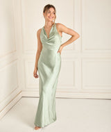 Cowl Front Satin Bridesmaid Dress - Sage